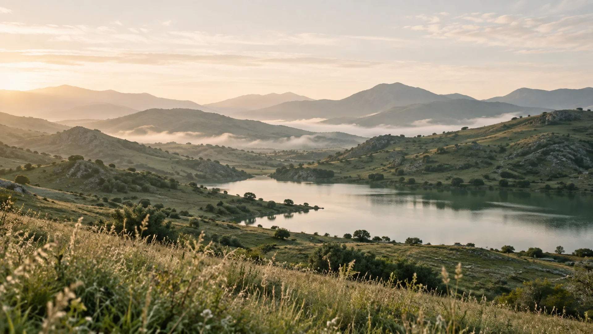 Soft morning light over green hills and a quiet lake